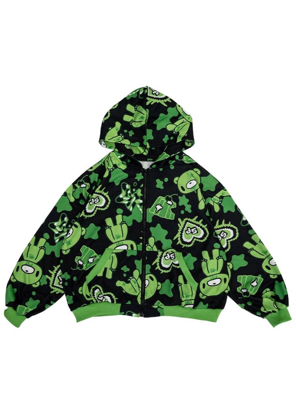 Mori Chack Gloomy Bear Oversize Green & Black Street Wear Zip Up Hoodie XL